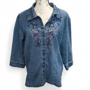 Vintage 1997 Erika Denim Shirt Beaded Paisley Embroidered Button Up XL Petite